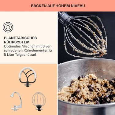 Кухонний комбайн Klarstein з м'ясорубкою, тістомісильна машина потужністю 1800 Вт маленька, 6 рівнів, вінчик для перемішування та гачок для тіста, планетарна мішалка, змішувальна машина з міксером Classic Cream