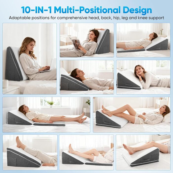 Клиноподібна подушка для ліжка та дивана, Д50xШ50xВ26. Подвійна подушка для читання з чохлом, який можна прати, з піни з ефектом пам&39яті, від хропіння та для більшого комфорту в області шиї та спини.