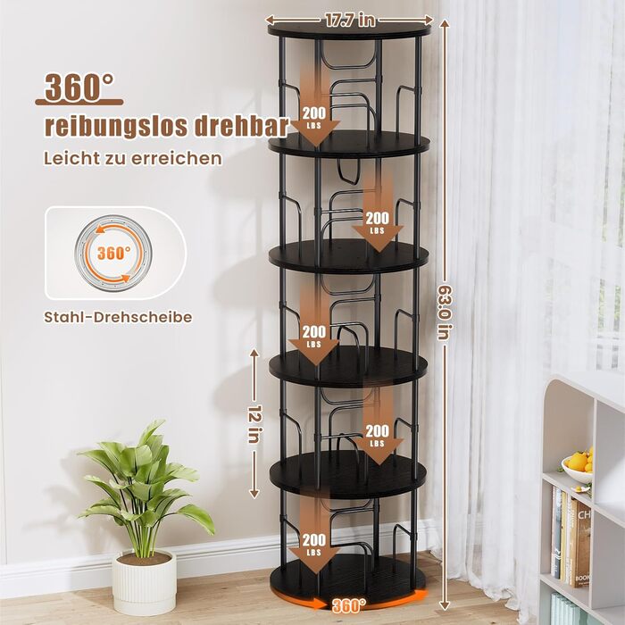 Окремостояча дерев&39яна книжкова полиця Flycity, що обертається на 360, з 5 регульованими полицями, 4545160 см, чорна, ідеально підходить для книг та декоративних предметів, чорний колір, 5 полиць