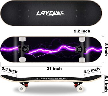 Скейтборд Blitz 31 x 8 дюймів - 8-шарова кленова дека, симетрично скошена з обох кінців, ABEC-11 підшипники, 95A PU колеса, для хлопчиків, дівчаток, підлітків, вуличних скейтбордистів, дорослих, початківців, надзвичайно широкий, фіолетовий блискавка дизай