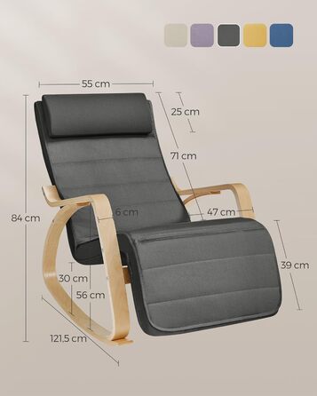 Крісло-гойдалка SONGMICS з підлокітниками з березового дерева, крісло-гойдалка, регульована підставка для ніг у 5 положеннях, вантажопідйомність до 150 кг, для спальні, вітальні, темно-сірий-натуральний LYY10G сірий бавовна-поліестер