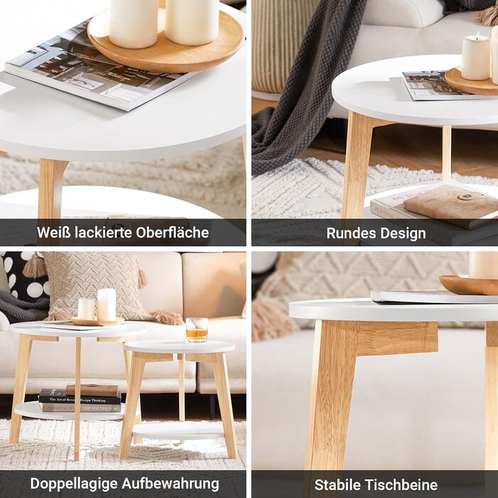 Комплект із 2 журнальних столиків SoBuy компактні круглі приставні столики, стіл для вітальні, малий та великий, білий, FBT75-W