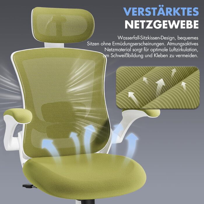 Офісне крісло COLAMY Mesh, комп&39ютерне крісло з регульованим підголівником та поперековою опорою, ергономічне робоче крісло з відкидними підлокітниками, функція нахилу 140, зелений класичний колір