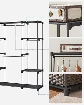 Відкрита шафа, Вішалка для одягу, Штанга для одягу, Шафа, 43 x 151 x 166 см, 4 підвісні полиці, Багато місця, для спальні, вітальні, Чорний RYG036B02