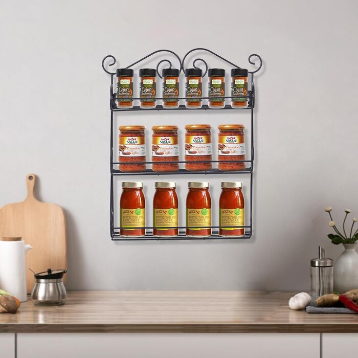 Поличка для спецій, кухонна полиця, драбина для спецій, металева з 3 ярусами, органайзер для спецій, настінна полиця, кухонна полиця, тримач для спецій, кухонний органайзер, компактний, настінні полиці для шаф та ванних кімнат (чорні)