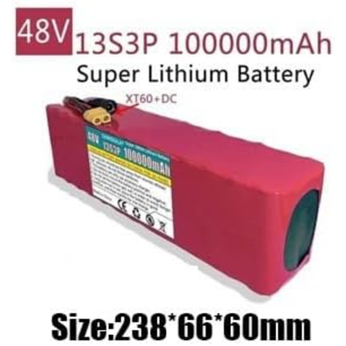 Акумулятор для електровелосипеда Pedelec 48V 100AH 13S3P із зарядним пристроєм, водонепроникний ПВХ-акумулятор із вбудованою захисною платою XT60