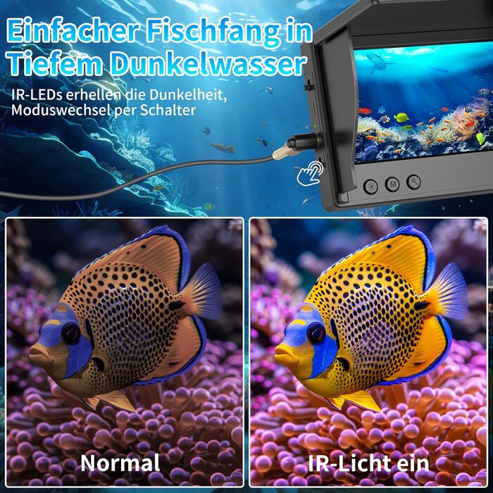 Ехолот для риболовлі з 4,3-дюймовим РК-дисплеєм, 15-метровим водонепроникним кабелем IP68 та 6 ІЧ-ліхтарями нічного бачення, портативна підводна камера для риболовлі на льоду, в озерах, з човнів та каяків 15M, 1080P HD