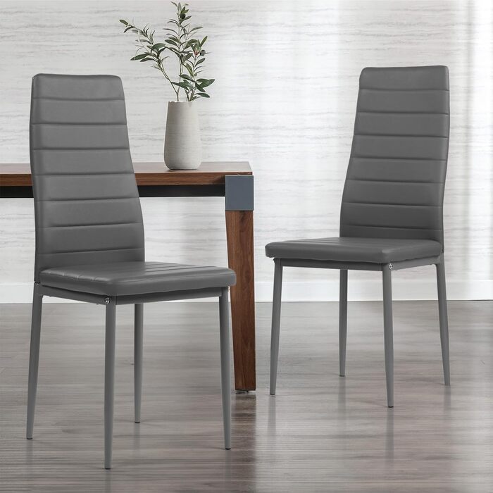 Обідні стільці, комплект з 4 шт. , штучна шкіра, протестовані SGS, висока спинка, водонепроникні, кухонний стілець, обідній стілець або стілець за обіднім столом, сірий ПВХ сірий, 4 стільці