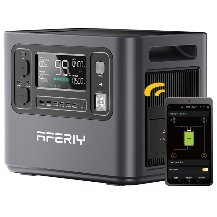 Портативна електростанція AFERIY потужністю 2400 Вт, акумулятор LiFePO4 ємністю 2048 Втгод, швидка зарядка за 1,5 години, 13 портів, синусоїдальний вихід 230 В, ДБЖ, мобільний блок живлення з додатком для кемпінгу на природі P210H