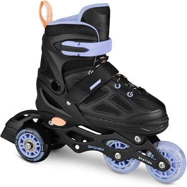 Набір SPOKEY Quattro 4-в-1 Роликові ковзани/Роликові ковзани/Трискейти/Ковзани для льоду, РЕГУЛЬОВАНІ для дітей та підлітків Роликові ковзани, що трансформуються в роликові Розміри 30-33, 34-37, 38-41 Чорний/Фіолетовий 38-41