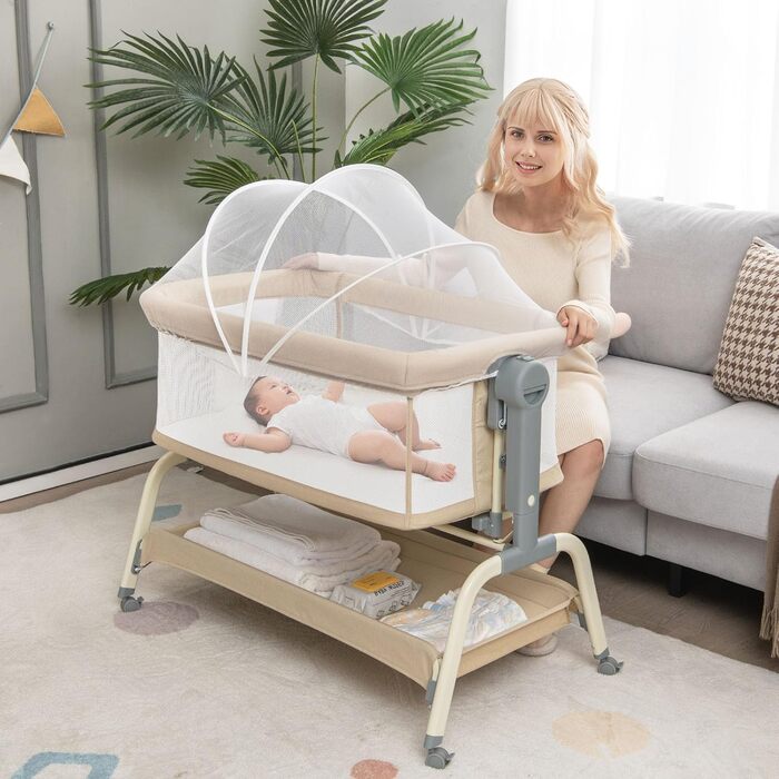 Дитяче ліжко LIFEZEAL з москітною сіткою, дитяче ліжечко-тумбочка з матрацом та колесами, дорожнє ліжечко з 6 регулюваннями висоти, портативна дитяча колиска для малюків 0-6 місяців, колиска з кошиком для зберігання (бежевий)
