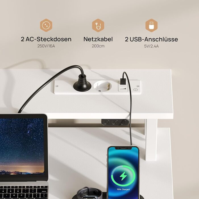 Письмовий стіл Rolanstar з 5 шухлядами, комп&39ютерний стіл з розетками, ігровий стіл зі світлодіодним освітленням, підставка для монітора, для домашнього офісу, спальні, вітальні, офісу (білий, 100) Білий 100