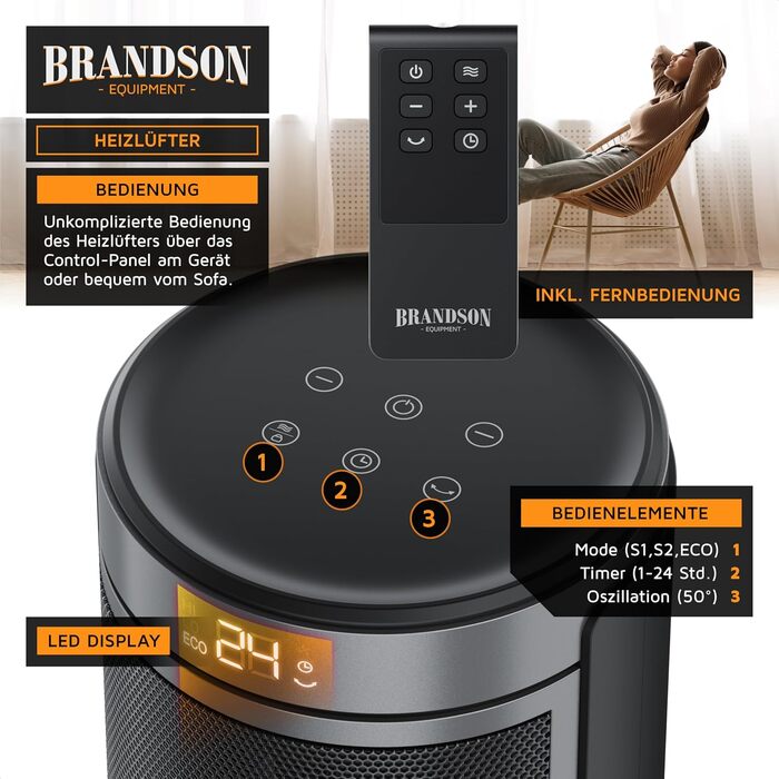 Тепловентилятор з дистанційним керуванням - Режим ECO для енергозберігаючої роботи - Коливання 50 - 2 рівні нагріву - Захист від перегріву та перекидання