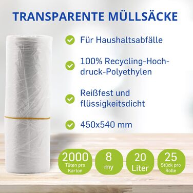 Рулонів у картонній коробці, кожен містить 50 мішків для сміття (2000 штук), 20 літрів, надзвичайно міцні та стабільні, 450x540 мм, товщина 8 мкм, прозорі, 50 шт. (упаковка по 40 шт. ), 40