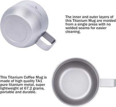Мл титанова чашка для еспресо, двостінна кружка для лате, капучино, какао, металева чашка для чаю, для кемпінгу на свіжому повітрі, для подорожей, надлегка, міцний посуд для напоїв (титановий колір Ti3086D), срібляста, 200