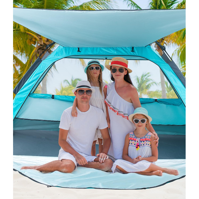 Пляжний намет для 2-4 осіб, розкладний пляжний намет із сонцезахисним тентом, захист від ультрафіолету UPF 50, водонепроникний для сімей, пляжу, кемпінгу, саду, синій