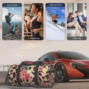 Спортивна сумка, дорожня сумка, вінтажний стиль, леопардовий принт, квітковий малюнок, сумка для подорожей на вихідні, чорний колір, універсальний розмір