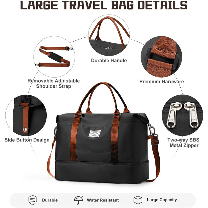 Велика жіноча дорожня сумка, ручна поклажа, спортивна сумка, сумка для вихідних, сумка для плавання, водонепроникна дорожня сумка, спортивна сумка, сумка для фітнесу, сумка для тренувань, лікарняна сумка з відділенням для взуття, N7-чорно-коричнева A03-чо