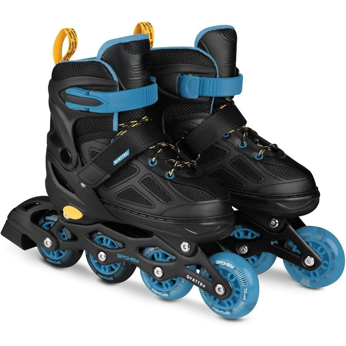 Набір SPOKEY Quattro 4-в-1 Роликові ковзани/Роликові ковзани/Трискейти/Ковзани для льоду, РЕГУЛЬОВАНІ для дітей та підлітків Роликові ковзани, що трансформуються в роликові Розміри 30-33, 34-37, 38-41 Чорний/Синій 34-37