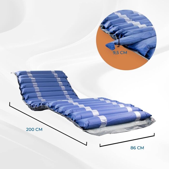 Протипролежневий матрац, Mobi 2, Для пролежнів I та II ступеня, Зі змінним повітрям, Самонадувальний надувний матрац, Повітряна подушка, 200 x 86 см, 9,5 см, 20 комірок, Колір синій