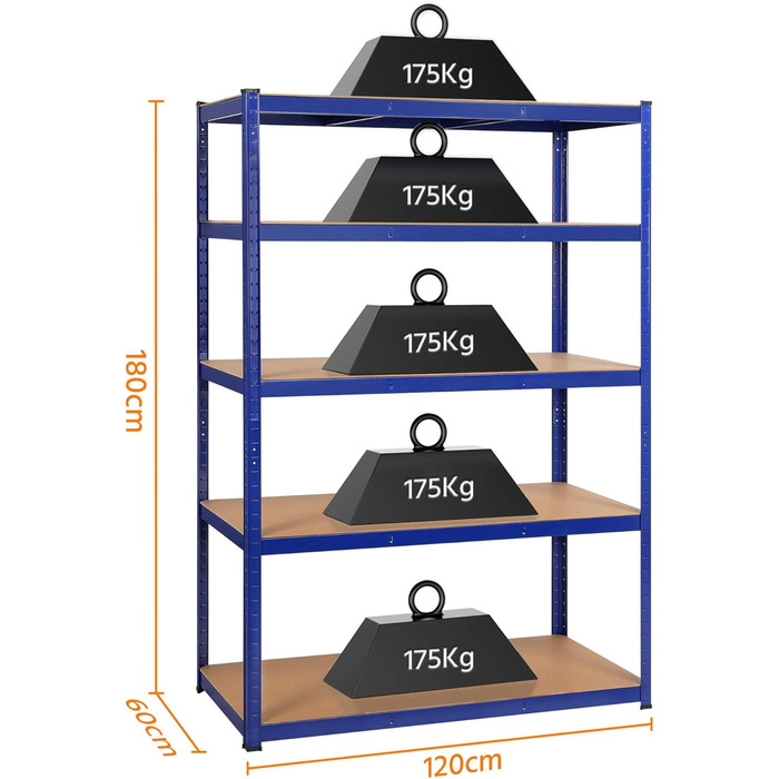 Полиця для зберігання Yaheetech 180 x 120 x 60 см, полиця для підвалу, безболтова полиця, полиця для майстерні, надміцна полиця, металева полиця, гаражна полиця, вантажопідйомність до 875 кг