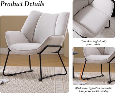 Сучасне м&39яке крісло/крісло-шезлонг/крісло для читання/крісло-підлокітник з металевими ніжками для спальні/вітальні, лляне, бежевий