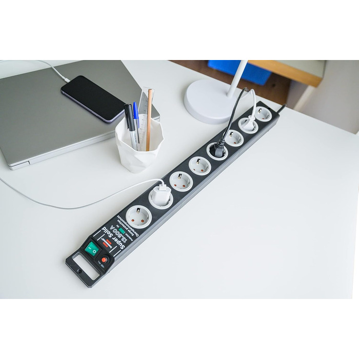 Розетка 8-місна з захистом від перенапруги (розетка з кабелем 2,5 м і вимикачем, розетка з ударостійкого полікарбонату) чорна/сіра