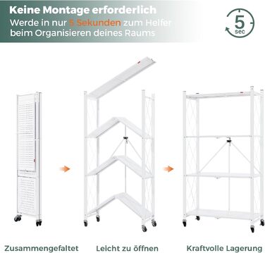 Складана полиця DEANIC, 4-рівнева книжкова полиця, кухонні полиці на колесах, металева полиця для вітальні, комора (61 x 116 x 28 см, білий) білий 4 яруси