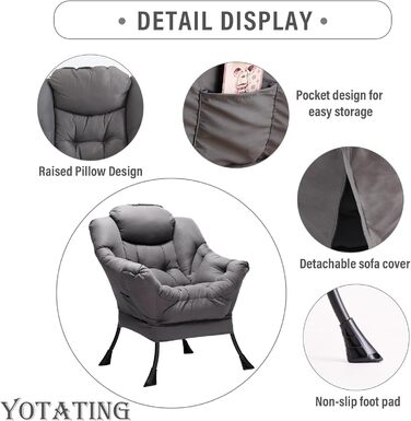 Зручне крісло з підніжкою, крісло-ліжко з оттоманкою, крісло для відпочинку, крісло для відпочинку з підлокітниками та бічною кишенею для вітальні, спальні та невеликих приміщень, темно-сірий