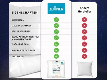 Подушка ZOLLNER преміум-класу з пір&39я з пуховим наповнювачем - Зроблено в Німеччині - Підходить для алергіків - Чохол з високоякісної бавовни Mako - Можна прати при температурі до 60C - 40x80 см - Готельна якість 40 x 80 см Білий