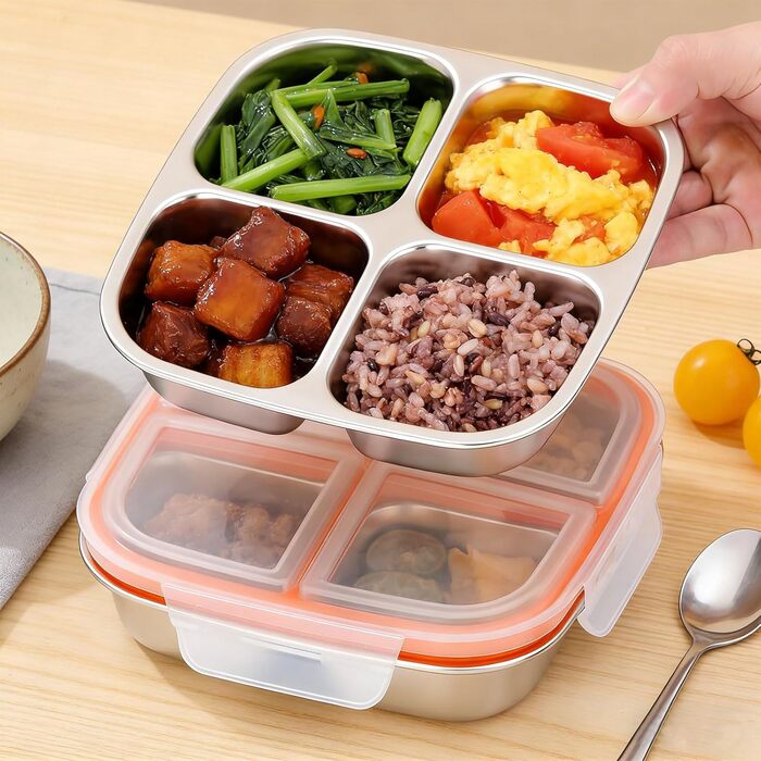 Набір з 2 контейнерів для перекусів з роздільниками, нержавіюча сталь, 17,5x17,5x4,5 см, 600 мл. Контейнер з 4 відділеннями та пластиковою кришкою, штабельовані, для зберігання їжі, сендвічів, для школи, роботи (4 відділення)