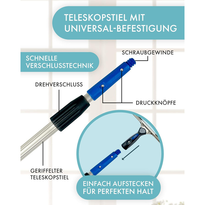 Комбінований комплект телескопічна штанга віконний ракель та віконний ракель (45 см кожен) від LEWI для великих вікон і кутів штанга (2х60 см) для більш високих місць в т.ч. безкоштовний зразок Засіб для миття скла 3в1 Набір 45 см