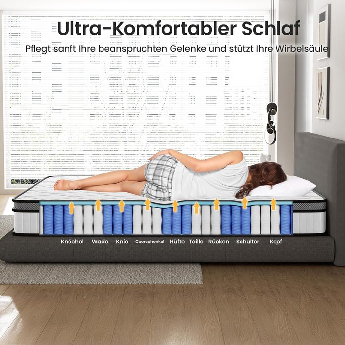 Матрац BedStory 160x200 см, пружинний матрац H3 висота 20 см пружинний матрац кишенькової форми середньої жорсткості ортопедичний, сертифікований Oeko-Tex, матрац для дорослих 20 см 160x200 см