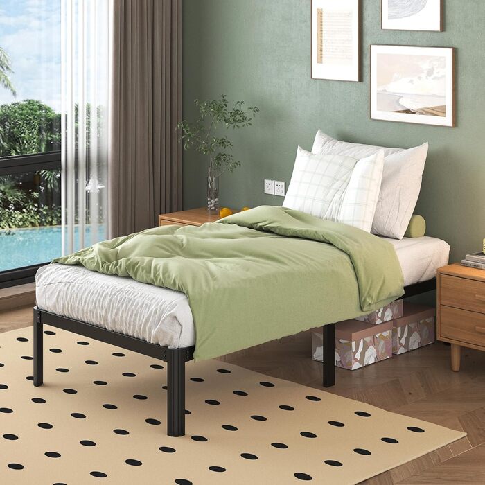 Каркас ліжка, що збирається без інструментів, 90 x 200 см з рейковою основою, міцний металевий каркас, пружинний матрац не потрібен, безшумне, односпальне ліжко, чорний колір