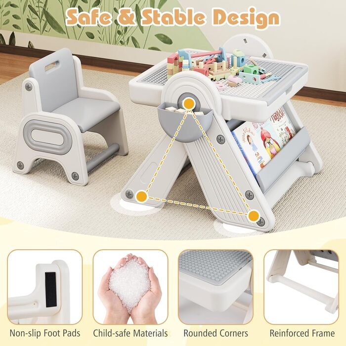 В-1 Багатофункціональний дитячий стіл зі стільцем, складний дитячий комплект сидіння з двосторонньою стільницею, 2 кошики, відділення для олівців та книжкова полиця, робочий столик для дітей від 18 місяців (сірий), 9-