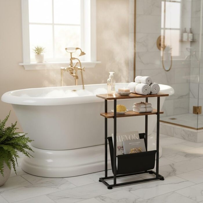 Невеликий журнальний столик для невеликих приміщень, вузький журнальний столик з полицею для журналів - вузький буфет 2 в 1 для вітальні, тонка тумбочка біля ліжка для спальні з полицею (сільський коричневий)