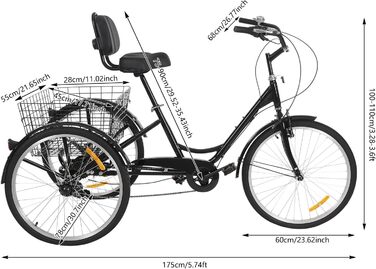 Дюймовий триколісний велосипед для дорослих, 7-швидкісний 3-колісний триколісний велосипед для покупок з кошиком, регульованим сидінням, міський велосипед, велосипед для відпочинку, триколісний велосипед для покупок для старших (чорний), 24-
