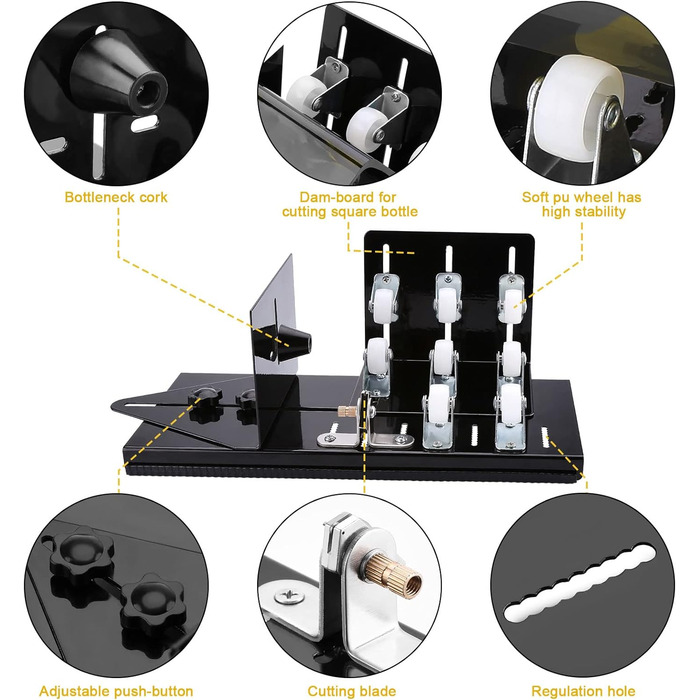 Різак для скляних пляшок, Fixm Bottle Cutter Оновлена версія, круглі, квадратні пляшки та шийки для пляшок, підходить для пляшок вина, пива, віскі, шампанського, води та лимонаду (чорний)