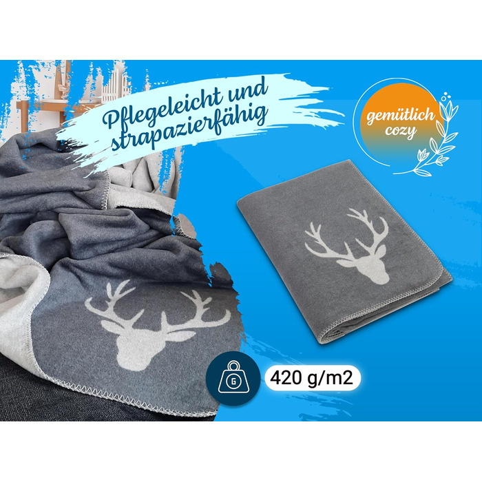 М&39яка ковдра ZOLLNER 150x200 см - Пухнаста та м&39яка двостороння ковдра у двох простих кольорах - Модне плетене обличчя з оленячою головою сірого кольору - Змішана тканина - Можна прати при температурі до 40C - Сертифікована сіра двостороння ковдра Oek