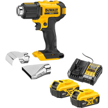 Акумуляторний фен DeWALT DCE530P2-QW 18 В 5 Ач - повний комплект - вкл. 2 акумулятора, зарядний пристрій, поверхневе сопло, рефлек