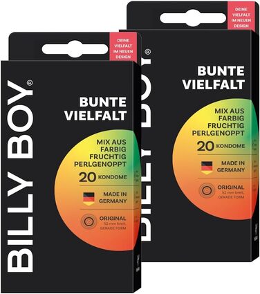 Презервативи BILLY BOY, кольорове різноманіття, 20 шт. 52 мм Різнокольоровий, фруктовий та ребристий мікс презервативів (2 x 20 шт. )