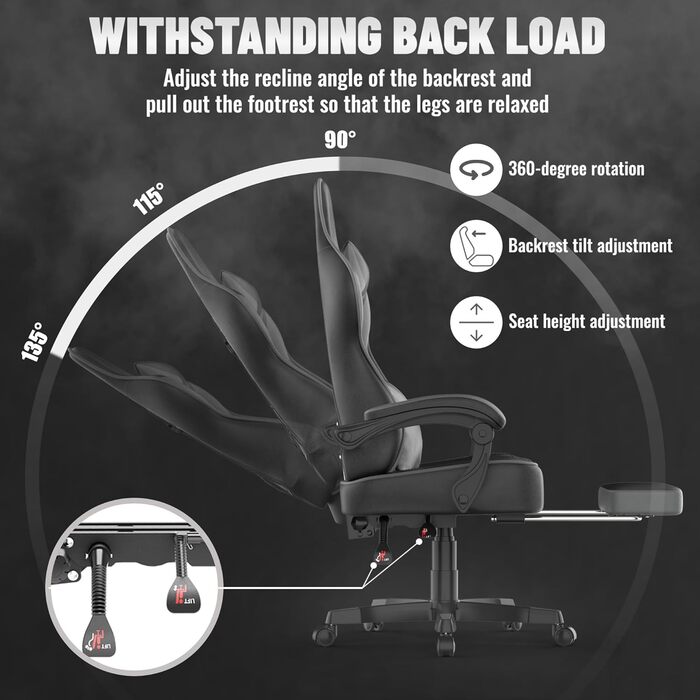 Ергономічне ігрове крісло Soontrans, ігрове крісло з пружинною подушкою, висувна підставка для ніг, підголівник, регульована висота, штучна шкіра, регульована спинка 90-135 (чорний/сірий)