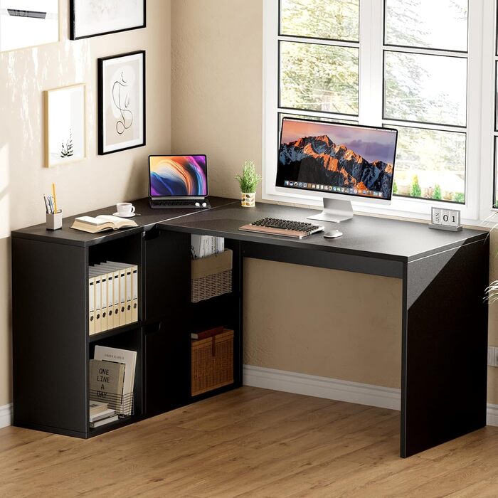 Г-подібний стіл Sweetcrispy з полицею та шафою, 120x100x75 см, кутовий стіл, міцний ігровий стіл з місцем для зберігання, легке складання, чорний 120x100x75 см