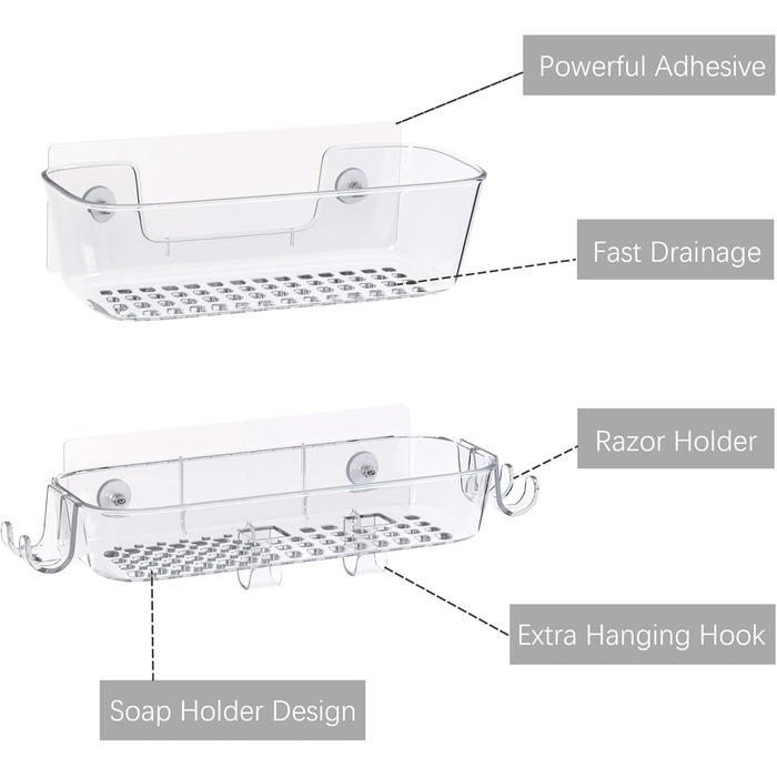 Душова полиця, самоклеючий органайзер для душу, нержавіюча, з тримачем для бритви та гачком, душова полиця для зберігання у ванній кімнаті (прозора, 3 шт.)