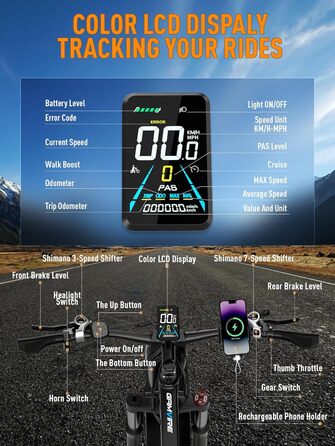 Електричний велосипед V7 для дорослих, гірський електровелосипед 264.0 дюймів з товстими шинами, акумулятор 52 В 19.2 Аг, гідравлічні гальма, 21-швидкісний електровелосипед