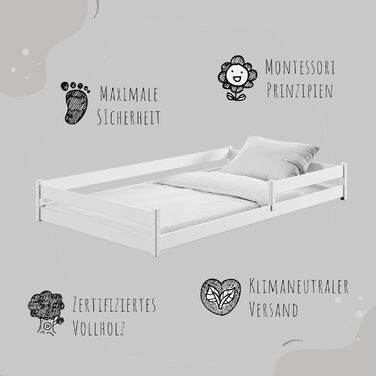 Дитяче ліжко Kids Collective, підлогове ліжко 120x200 см із захистом від падіння та рейковою основою, ліжко Монтессорі, дитяче ліжечко, юнацьке ліжко, односпальне ліжко (опція) з матрацом Біле 120x200 см без матраца, Біле