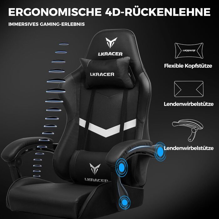 Ігрове крісло GTPLAYER Офісне крісло Масажне ігрове крісло Ергономічне ігрове крісло, підголівник з масажною подушкою для попереку, м&39яке ігрове крісло, обертове крісло чорного кольору