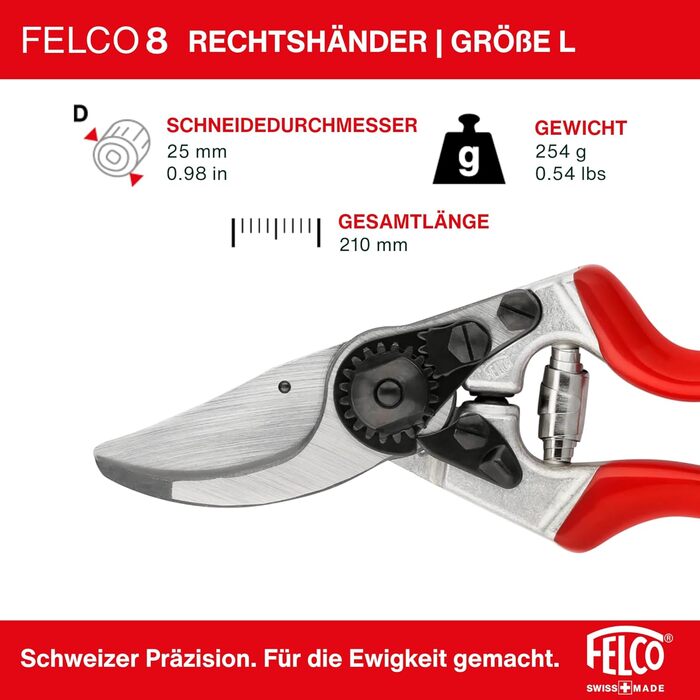 Садові ножиці FELCO 8 Bypass для правшів, ергономічний дизайн для великих рук, сталеве лезо 52 мм, діаметр різання 25 мм, амортизатор, ковані алюмінієві ручки, похила ріжуча головка, швейцарське виробництво FELCO 8 Large Hands (L)