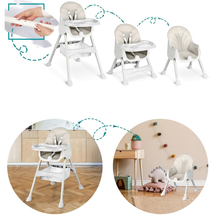 Стільчик для годування Ricokids дитячий 3в1 від 6 місяців Обідній стілець З ременем безпеки Складаний Легкий у догляді Регульована