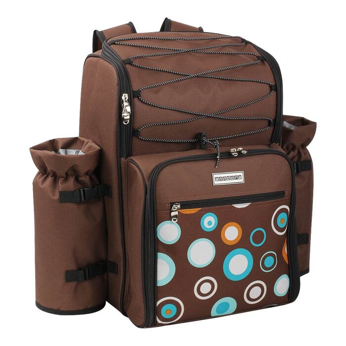 Рюкзак для пікніка Anndora на 4 особи з вбудованою сумкою-холодильником, коричневий з синіми колами, включаючи набір аксесуарів з 29 предметів
